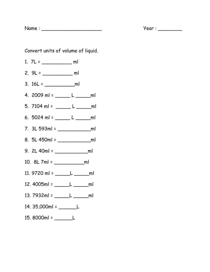 Fourth grade students practicing liquid measurement conversion problems on a geometry worksheet