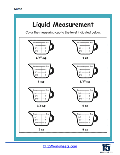 Reading Liquid Measurements in Liters and Milliliters Math Practice Sheet 24 Third grade students practicing reading and identifying liquid measurements in liters and milliliters on a math worksheet