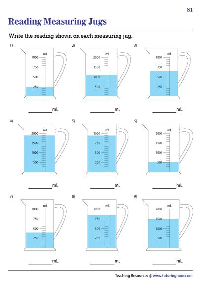 Fourth grade math worksheet featuring a measuring cup diagram for practicing liquid volume conversions