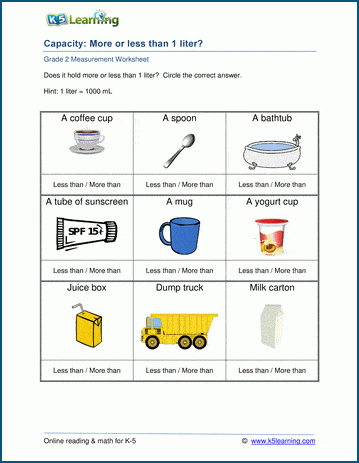 How Much is One Liter Worksheet Image 21 for Measuring Practice A third grade student comparing different containers to understand liter measurements and volume capacity