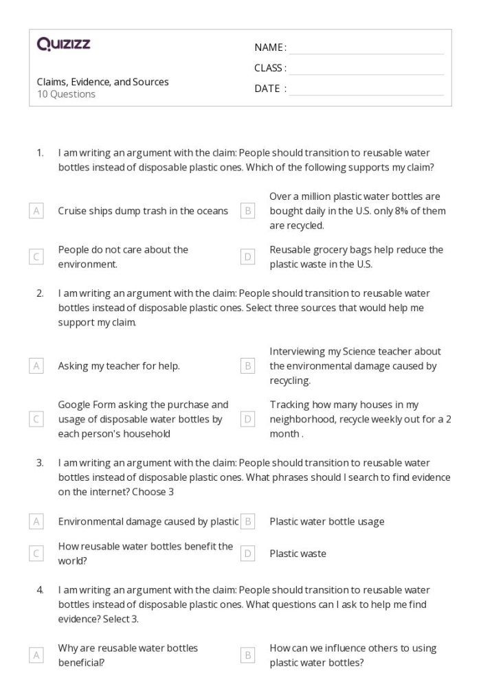 Earth and Space Science worksheet for Sixth Grade Worksheet for sixth graders analyzing arguments and claims in literary nonfiction. Argument and Claims Response Prompt worksheet for Earth and Space Science.