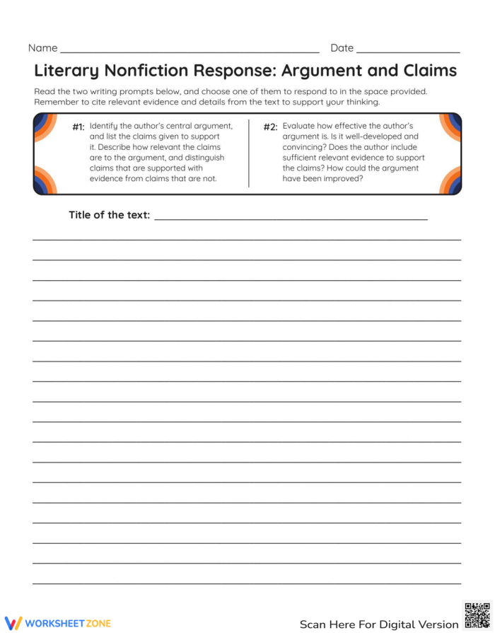 Earth and Space Science worksheet for Sixth Grade Worksheet for evaluating arguments and claims in literary nonfiction for sixth graders. Literary Nonfiction Response Prompt: Argument and Claims worksheet for middle grade students.
