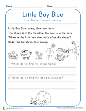 Explore Mother Goose's classic tale with questions designed for young learners Little Boy Blue worksheet for kindergarten focusing on fractions and reading comprehension