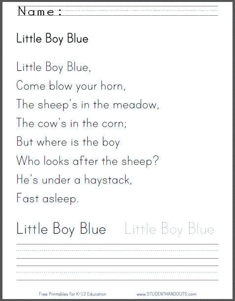 Reading comprehension questions based on Mother Goose's classic tale Little Boy Blue worksheet for kindergarten students focusing on fractions