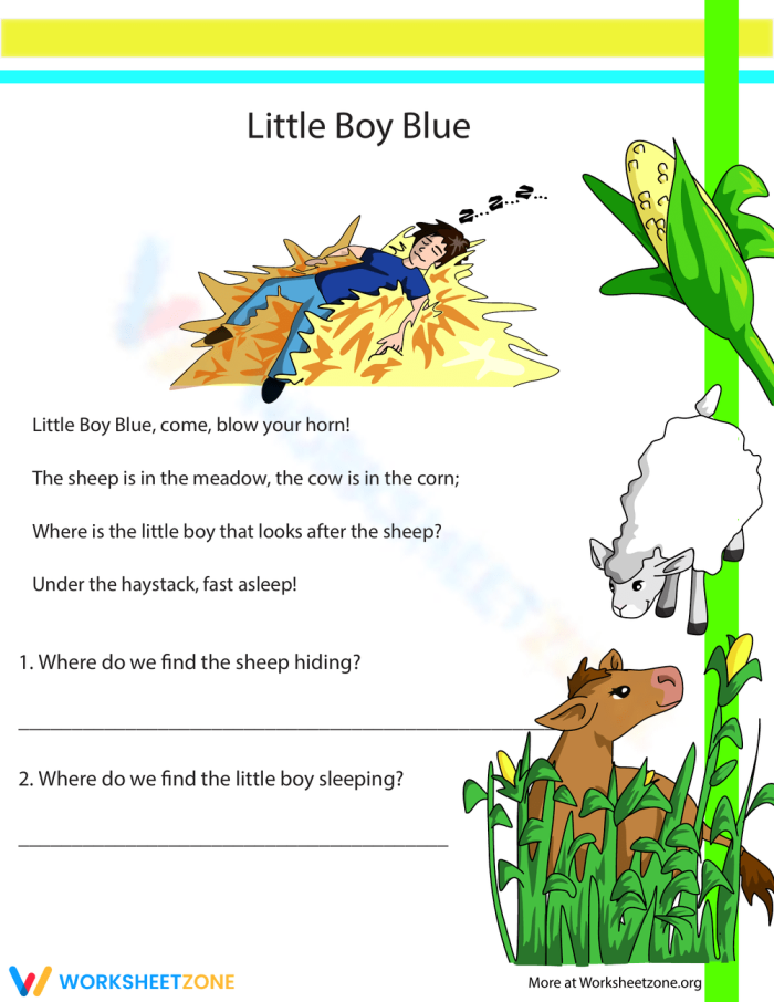 Engaging Little Boy Blue activity from Mother Goose's Treasury for young learners Little Boy Blue worksheet for kindergarten students focusing on fractions and reading comprehension