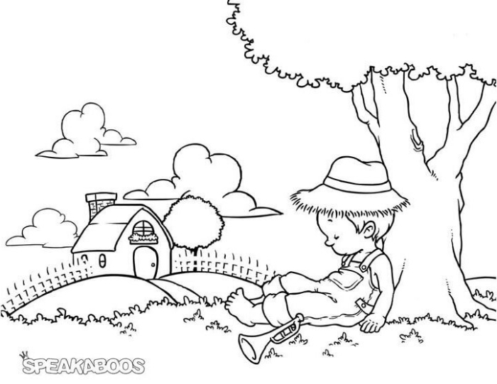 Reading comprehension activity based on Mother Goose's classic tale Little Boy Blue worksheet for kindergarten students focusing on fractions