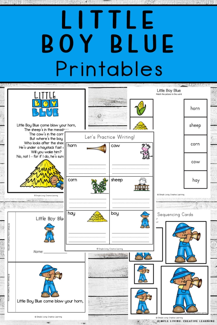 Worksheet image featuring a classic Mother Goose story for educational purposes Little Boy Blue worksheet for kindergarten students focusing on fractions and reading comprehension