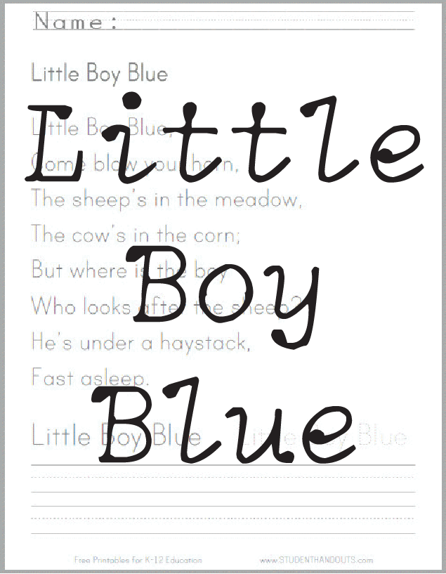Reading comprehension questions based on Mother Goose's classic tale Little Boy Blue worksheet for kindergarten students focusing on fractions