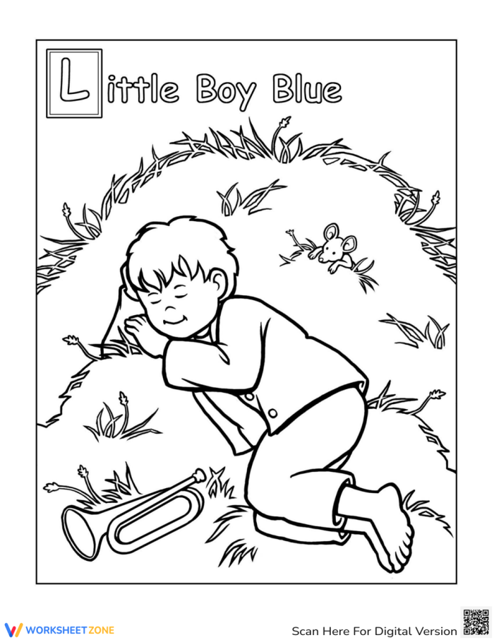 Worksheet image for Mother Goose's classic tale with comprehension questions Little Boy Blue worksheet for kindergarten students focusing on fractions and reading comprehension