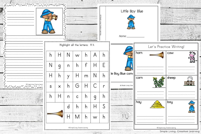 Little Boy Blue worksheet for fractions and reading comprehension activities Worksheet featuring the Little Boy Blue story and comprehension questions for kindergarteners