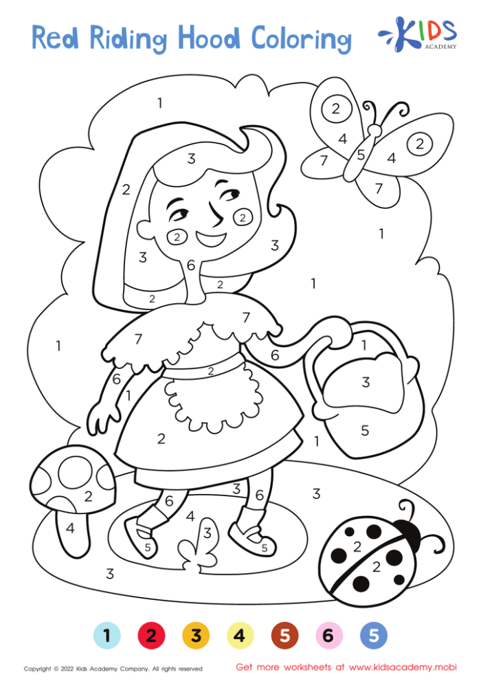 Coloring worksheet featuring Little Red Riding Hood for addition practice