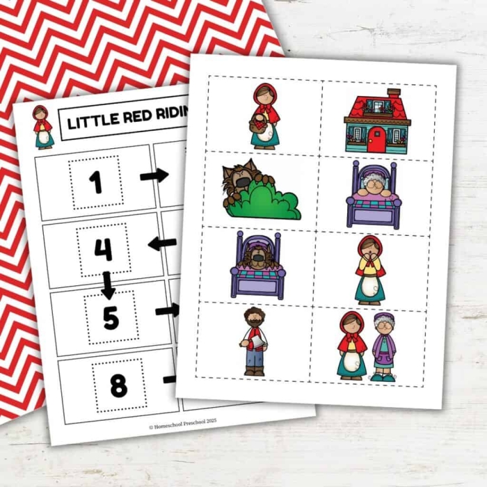 Pre-K addition worksheet featuring a printable Little Red Riding Hood coloring scene 15