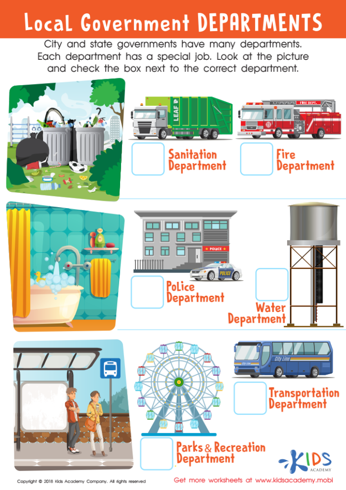 Local Government Basics: Understanding Your Municipality Worksheet for Elementary Learners Third grade worksheet teaching students about local government and municipalities with educational exercises
