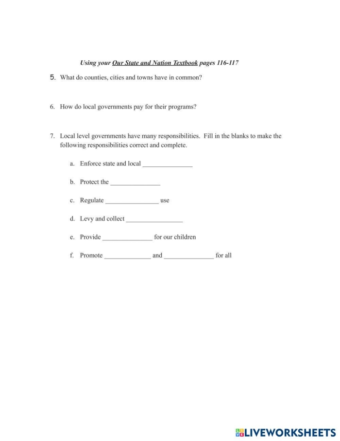 Local Government and Municipalities Learning Activity for Elementary Students Third grade worksheet showing illustrated examples of local government and municipal services in a community
