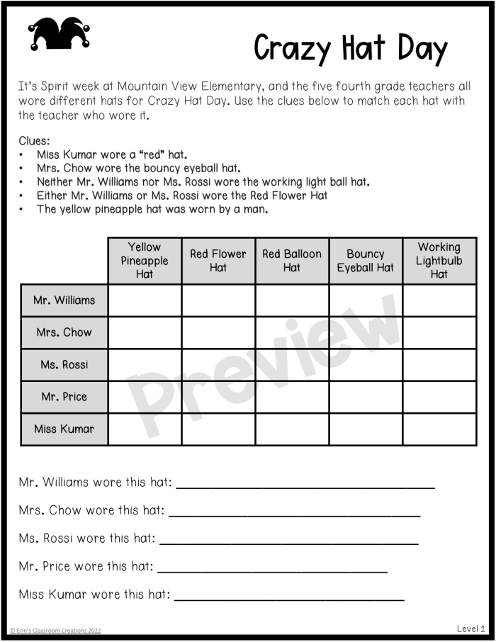 Fur Families Logic Puzzle Worksheet for Middle School Subtraction Practice Dogs with different colored fur sitting in a row with logic puzzle clues below for sixth grade math students