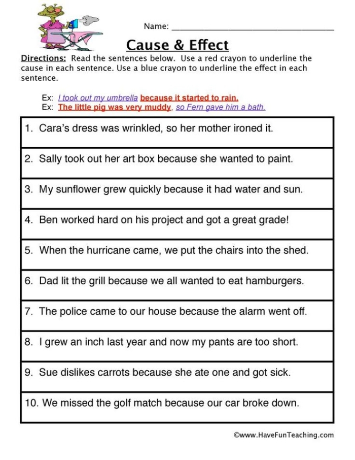Identifying Cause and Effect worksheet for second graders to enhance logical reasoning and reading skills