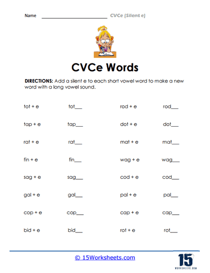 Students rolling dice to build long A CVCe words like make, cake, and lake on a first grade phonics worksheet
