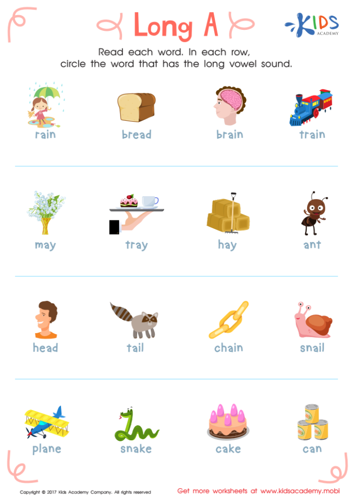 Worksheet for practicing long A sound words in second grade