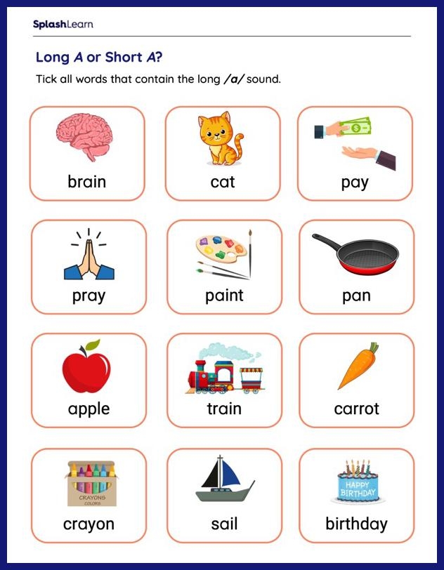 Long A Sound worksheet for second graders focusing on completing sentences