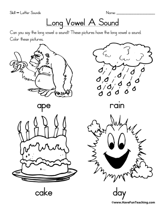 Long A Sound worksheet for second graders featuring sentence completion activities