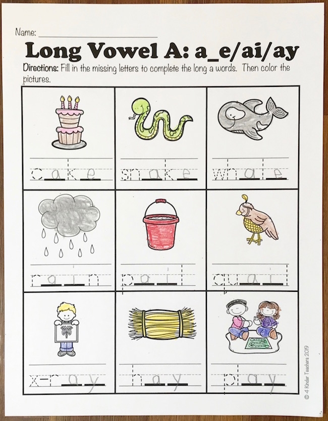 Worksheet for identifying long A sound words in sentences for second graders
