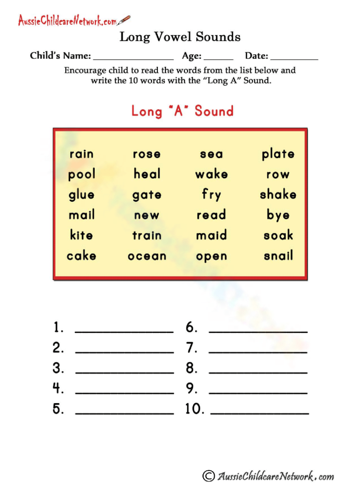 Worksheet for practicing the long A sound with fill-in-the-blank sentences for second graders