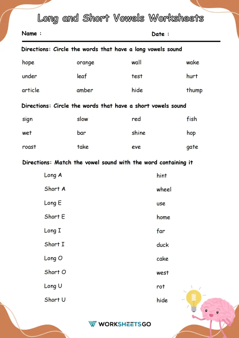 Worksheet for first graders focusing on long vowel A sound in words like "train