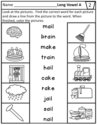 Worksheet featuring long vowel sounds focusing on the long A in "Train" for first graders