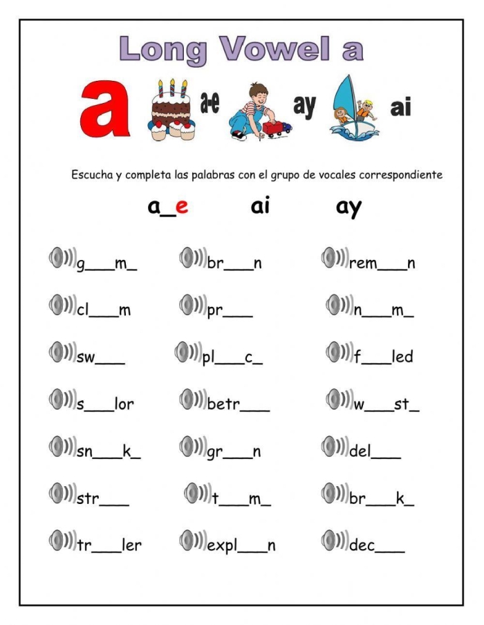 Long A Sound worksheet for second graders focused on vocabulary completion