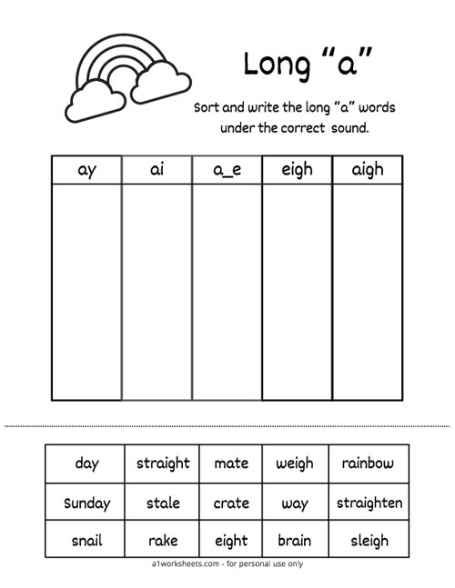 Long A Vowel Word Sort Worksheet for Second Grade Activity 2 Second grade student completing a long A vowel word sort exercise