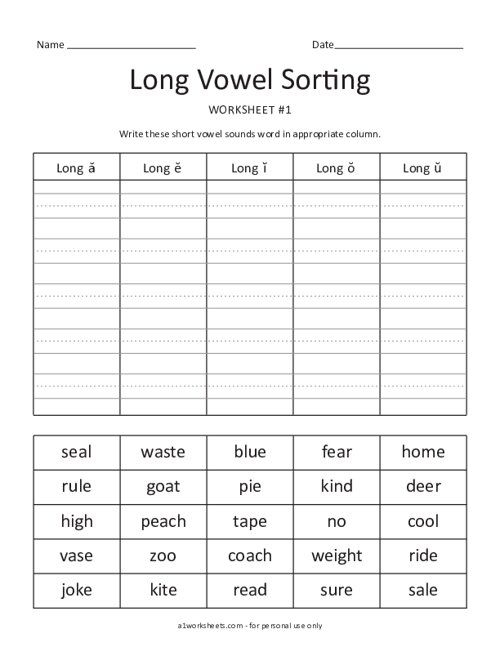 Long A Vowel Word Sort Worksheet Geometry Activity 20 Second grade students sorting words with the long A vowel sound on a geometry themed worksheet number 20