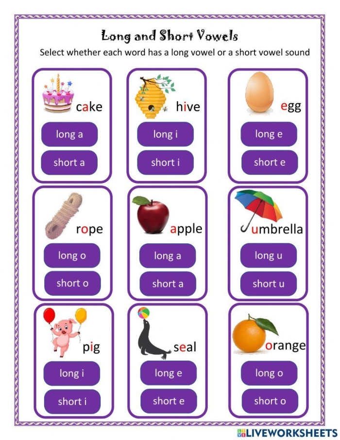 First grade student worksheet for matching long and short vowel sounds to pictures