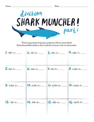 Lenny the Long Division Whale Muncher Activity for Fourth Grade Math Practice A cartoon whale named Lenny with long division problems floating around it, where students must solve division equations and identify which ones have remainders to feed the whale