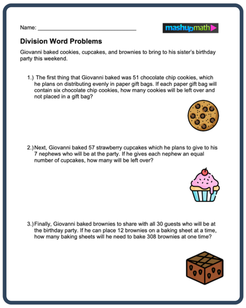 Long Division Word Problems Practice Activity 18 for Elementary Math Students Fourth grade long division word problems worksheet exercise 18 showing division equations to solve