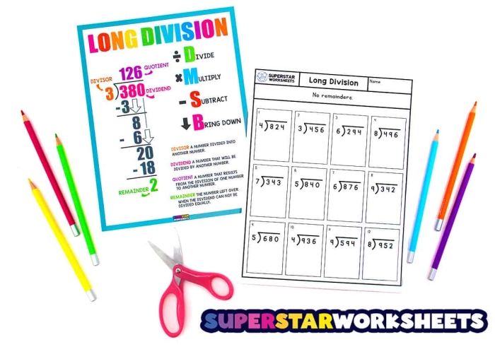Long Division Whale Muncher Activity 5 for Elementary Math Practice Fourth grade long division worksheet showing math problems with a whale character that eats division answers with remainders