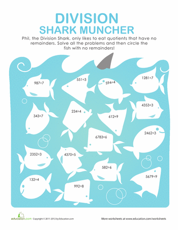 Long Division Whale Muncher Activity for Fourth Grade Math Practice A fourth grade student solving long division problems to feed Lenny the whale by circling quotients that have remainders
