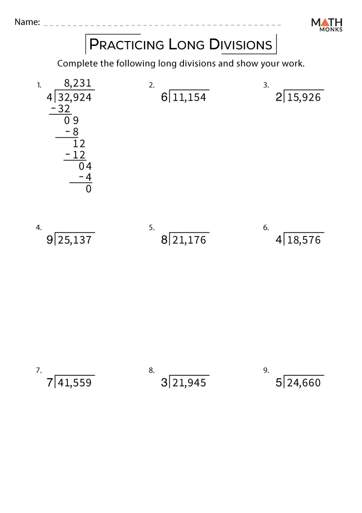 Long Division Whale Muncher worksheet activity for elementary math practice Fourth grade student solving long division problems to feed Lenny the whale by finding quotients with remainders
