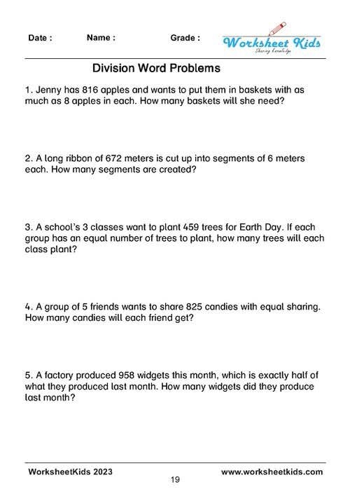 Long Division Word Problems worksheet for fourth graders featuring math challenges