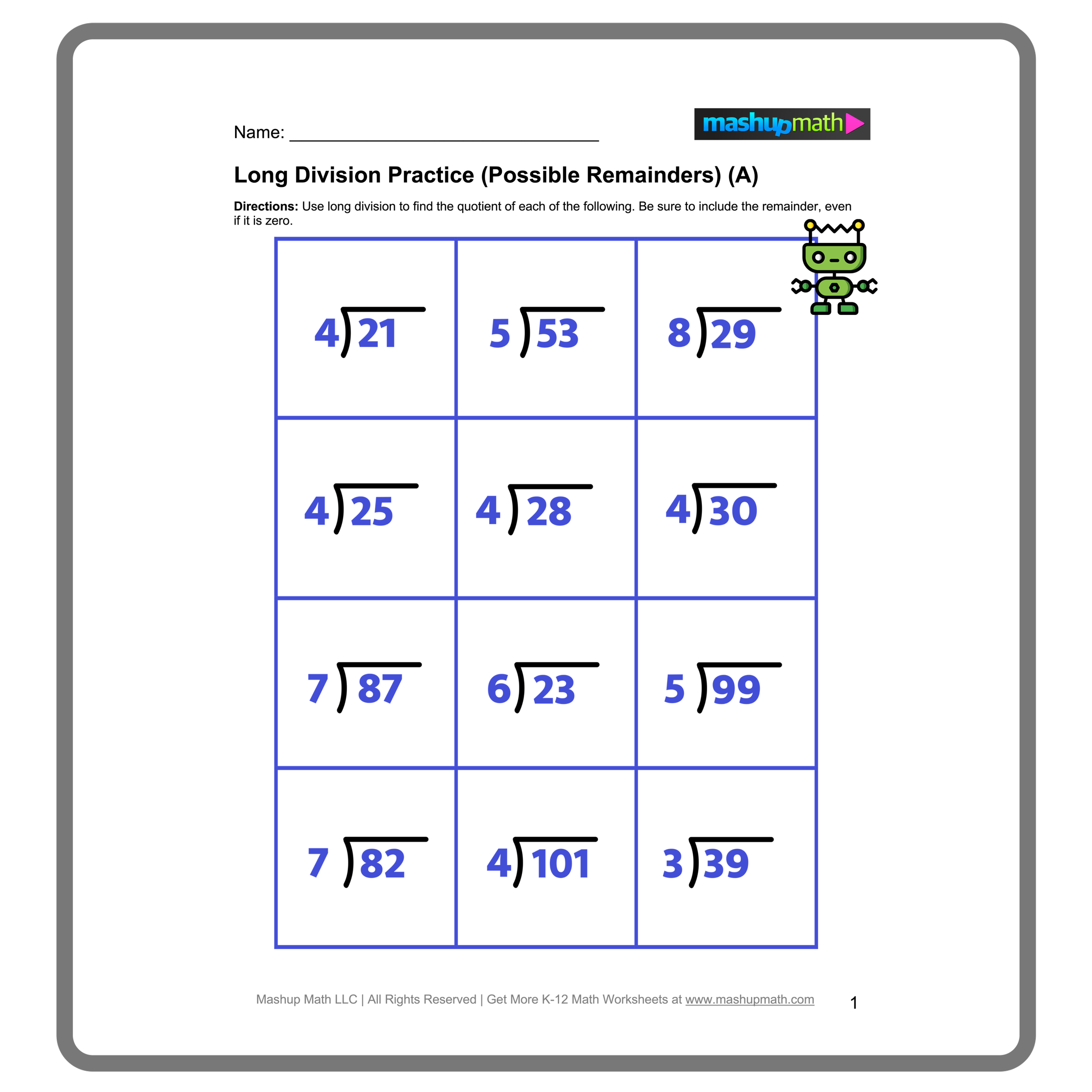 Long Division Word Problems worksheet for fourth graders with equations and solutions