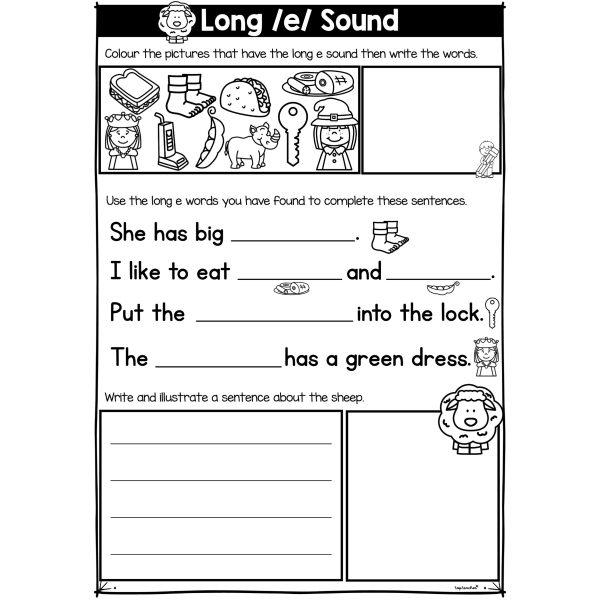 Second grade worksheet featuring fill in the blank sentences with words containing the long e sound