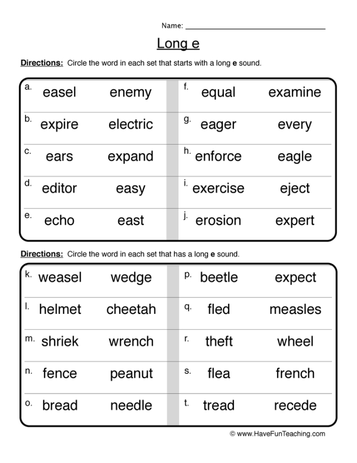Second grade worksheet for practicing long e vowel sounds by filling in missing words