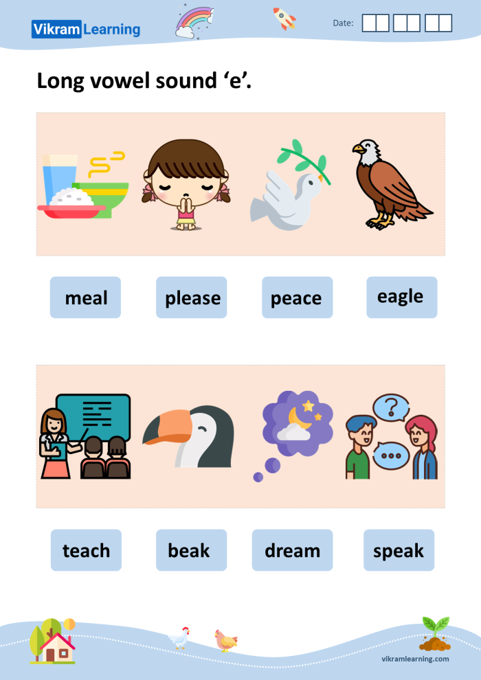 Second grade long e sound worksheet with missing words and answer choices for completing sentences