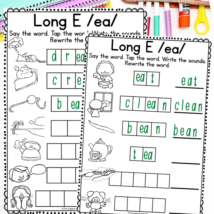 Students sorting words with long E vowel teams ee and ea sounds on a fourth grade worksheet activity