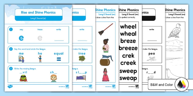 First grade worksheet showing pictures for students to color that contain the long e vowel sound
