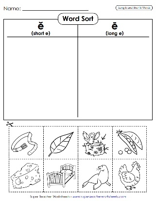First graders color pictures with long e sound words in this phonics worksheet activity