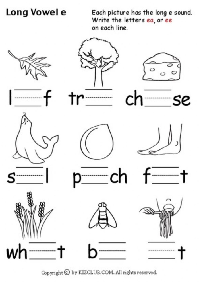 Second grade long e sound worksheet with fill-in-the-blank sentences and word box for students to practice phonics