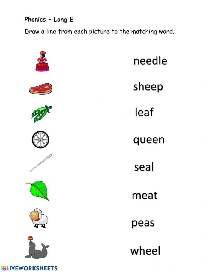 Second grade long e sound worksheet with fill-in-the-blank sentences and word choices