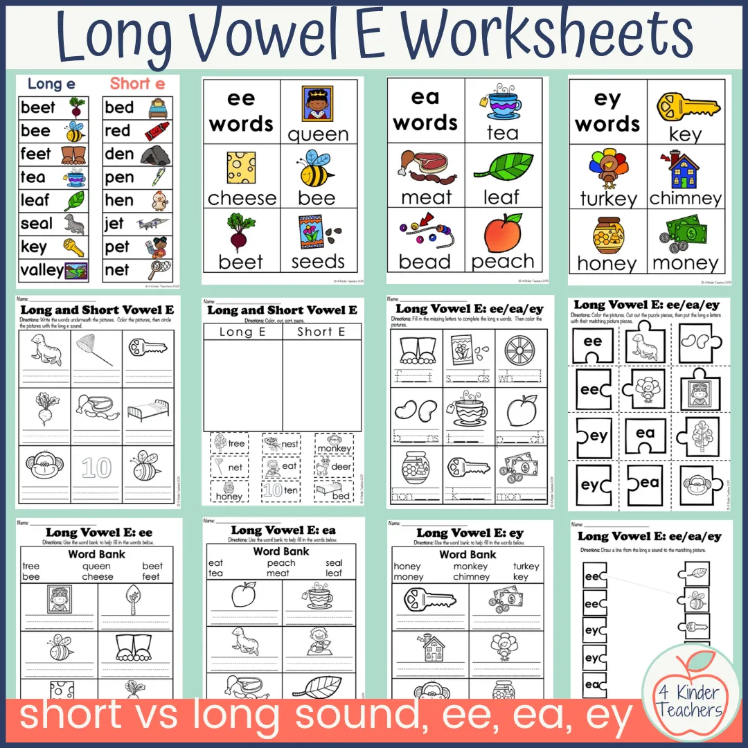 Second grade long e sound worksheet with fill-in-the-blank sentences and word box for students to practice phonics