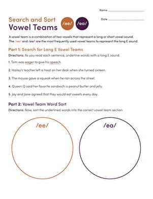 Fourth grade worksheet showing long E vowel team words sorted by ee and ea letter combinations for phonics practice