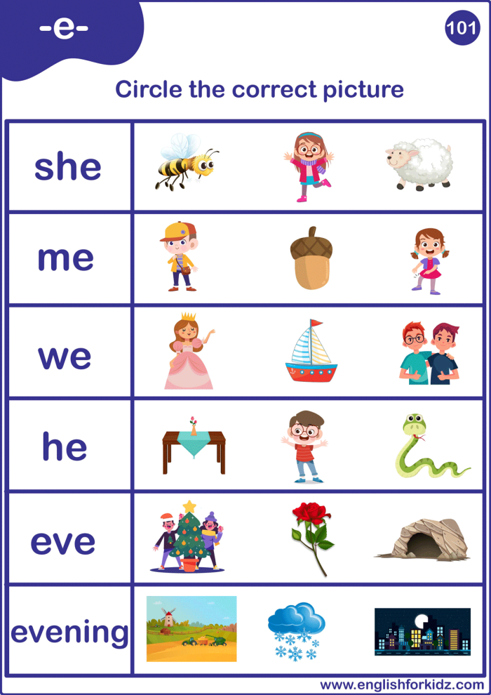Second grade long e sound worksheet with fill-in-the-blank sentences and word box for practice